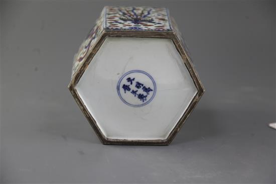 A Chinese wucai hexagonal jar, Wanli mark but later, total height 18cm